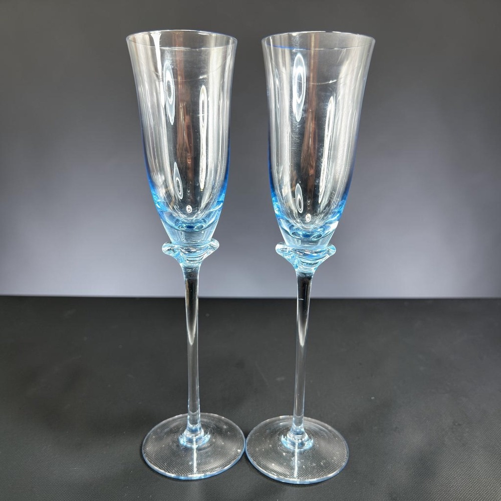 Cristal D'Arques Blue Champagne Flutes Set of 2 Lead Crystal 9.5 Inch Tall Glass